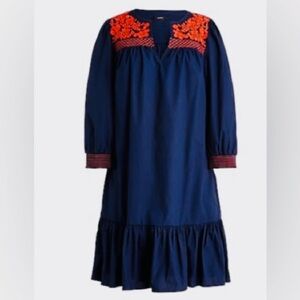 JCREW Beachy Boho Navy Midi Embroidered Flutter Cotton Dress Medium